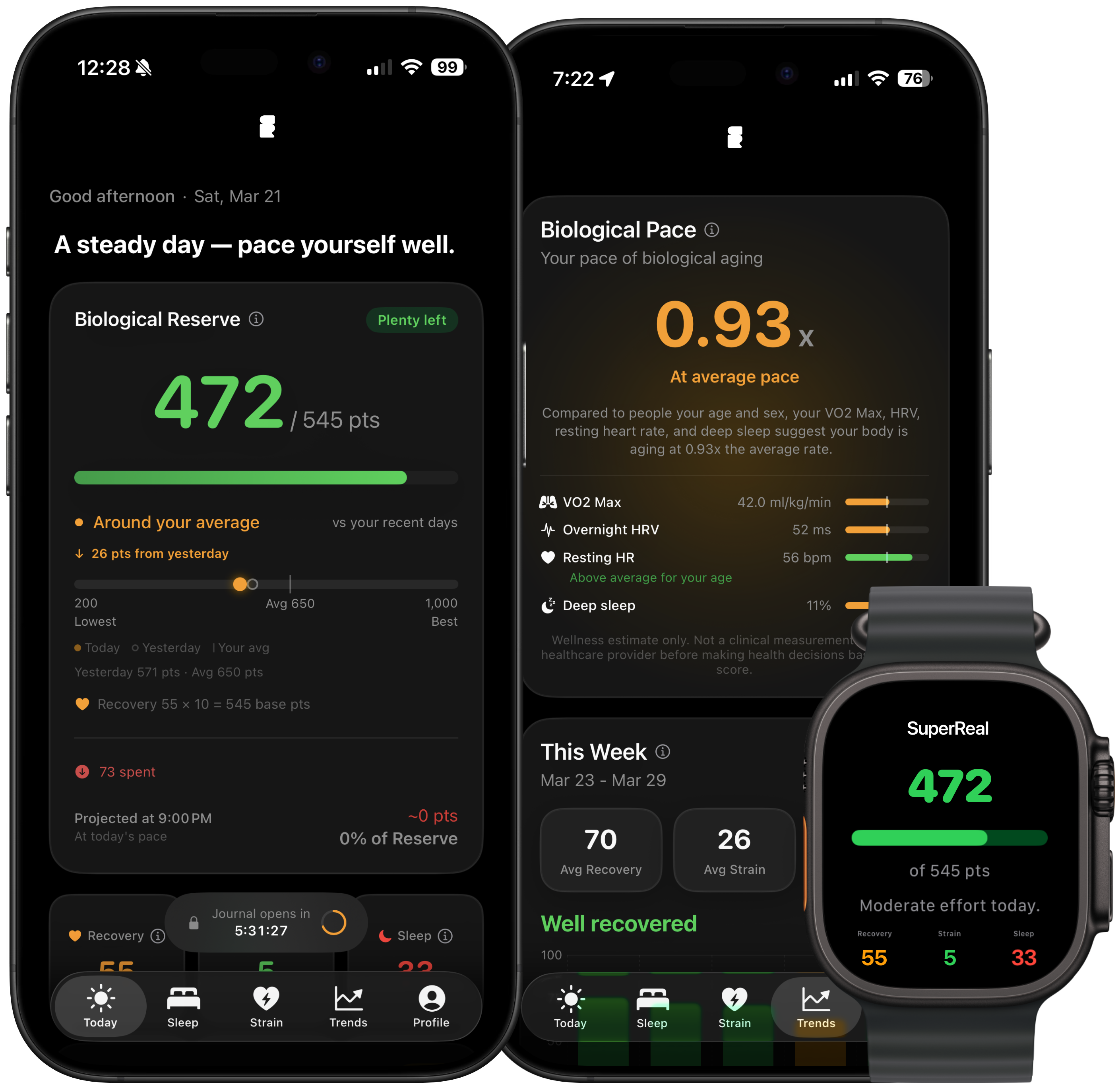 Supernormal app on two iPhones and Apple Watch showing Biological Reserve and Biological Pace